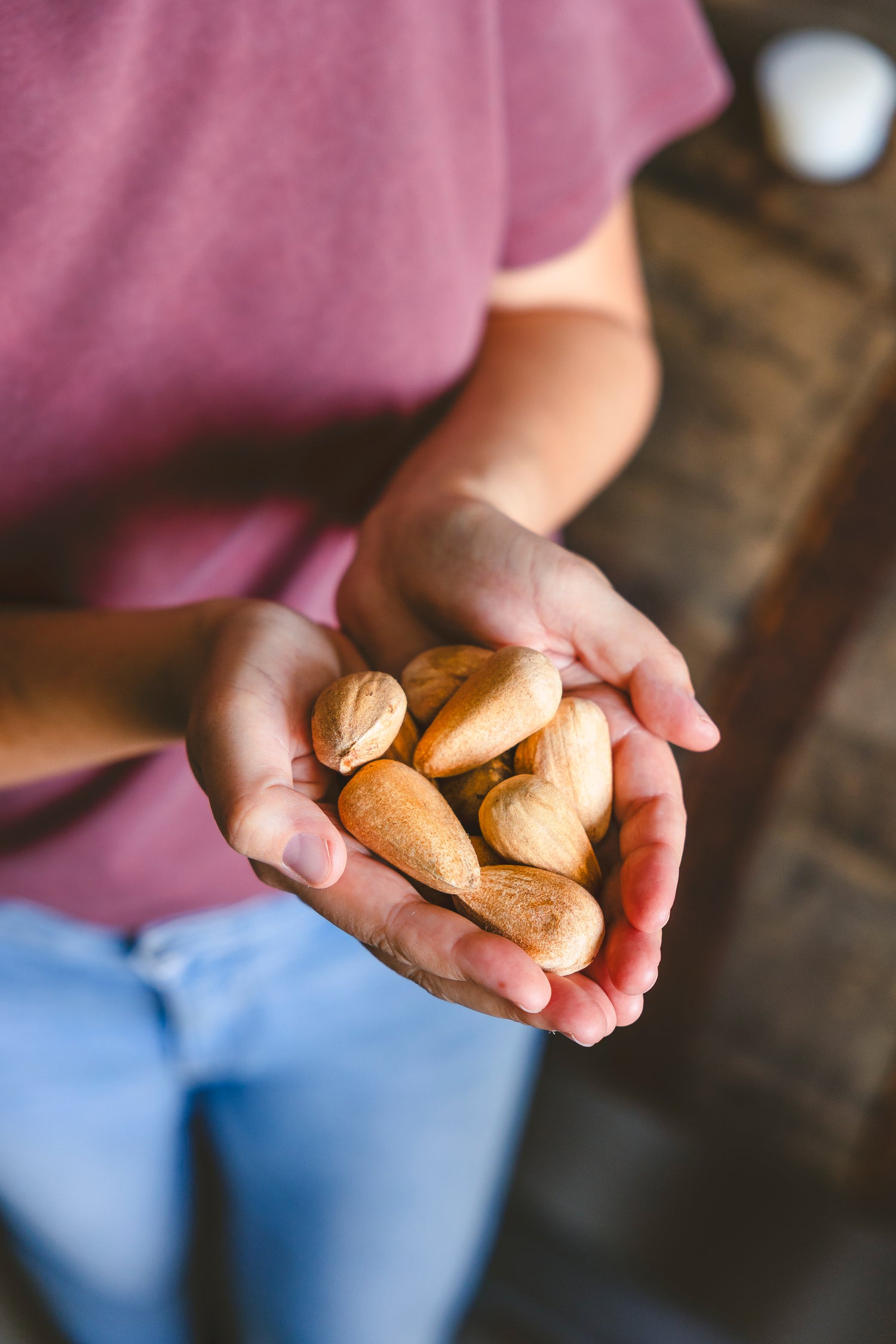 Woman holding bunya nuts in her hands.